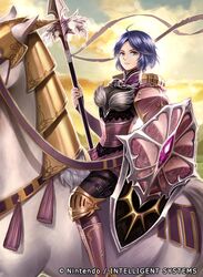  1girl armor armored_boots blue_eyes blue_hair feathers fire_emblem fire_emblem:_mystery_of_the_emblem fire_emblem_cipher horse lance midia momori official_art polearm shield short_hair solo weapon 