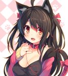  1girl ahoge animal_ears bangs black_hair black_shirt blush bow breasts camisole cat_ears cat_tail checkered checkered_background chiri_(atlanta) cleavage collar collarbone commentary_request dog_collar fang hair_between_eyes hair_ribbon hand_on_own_chest heart heart_of_string jacket kemonomimi_mode long_hair looking_at_viewer meina_(atlanta) off_shoulder open_clothes open_jacket open_mouth original paw_print pink_bow pink_jacket pink_ribbon pinky_out red_string ribbon shirt sleeves_past_wrists smile solo string tail tail_ribbon taut_clothes two_side_up upper_body 