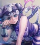  1girl all_fours back blue_eyes braid chinese_clothes double_bun haku_(p&amp;d) highres looking_at_viewer multicolored_hair paw_pose purple_hair puzzle_&amp;_dragons ribbon sho_(shoichi-kokubun) shorts smile solo tail tail_ribbon thigh-highs twin_braids two-tone_hair white_hair 