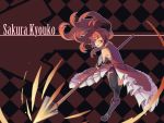  1girl absurdres argyle argyle_background black_legwear boots character_name cross-laced_footwear doitsu_no_kagaku frills highres lace-up_boots long_hair magical_girl mahou_shoujo_madoka_magica pocky polearm ponytail red_eyes redhead sakura_kyouko serious solo spear thigh-highs weapon 