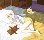  1girl bed fate/kaleid_liner_prisma_illya fate_(series) illyasviel_von_einzbern indoors koishi_(pxvtake) long_hair looking_at_viewer lying magical_ruby on_side silver_hair solo stuffed_animal stuffed_toy teddy_bear violet_eyes 