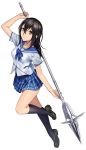  1girl black_hair black_legwear blue_skirt brown_eyes highres himeragi_yukina holding_weapon long_hair looking_at_viewer polearm school_uniform simple_background skirt solo spear strike_the_blood weapon white_background 