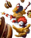  1boy bacon chaya commentary_request facepaint falling food gloves hamburger jojo_no_kimyou_na_bouken lettuce long_sleeves male_focus mcdonald&#039;s meat open_mouth parody red_eyes red_shoes redhead ronald_mcdonald shoes simple_background solo striped striped_legwear tomato white_background yellow_gloves 