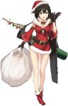  1girl alternate_costume belt boots bow breasts brown_eyes brown_gloves brown_hair christmas christmas_garland christmas_ornaments cleavage cleavage_cutout detached_collar detached_sleeves flight_deck fur_collar fur_trim gloves hair_between_eyes hat high_heel_boots high_heels hiryuu_(kantai_collection) kantai_collection legs mistletoe open_mouth poco_(backboa) quiver sack santa_costume santa_hat short_hair smile solo standing transparent_background 