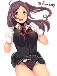  1girl ahoge blouse breasts brown_eyes gloves hagikaze_(kantai_collection) kantai_collection long_hair neck_ribbon open_mouth panties pleated_skirt purple_hair purple_panties ribbon school_uniform short_sleeves side_ponytail skirt smile solo soo underwear vest white_gloves 