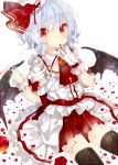  1girl alternate_costume ascot bat_wings black_legwear blood blood_in_mouth cleavage_cutout dress finger_to_mouth gloves lavender_hair looking_at_viewer mokyuko red_skirt redhead remilia_scarlet short_hair skirt solo thigh-highs touhou white_dress white_gloves wings wrist_cuffs zettai_ryouiki 
