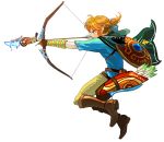  1boy arrow blonde_hair blue_eyes bow_(weapon) butiboco cape earrings hood jewelry link long_hair male_focus pointy_ears ponytail quiver solo the_legend_of_zelda twitter_username weapon white_background zelda_wii_u 