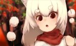  1girl :o alternate_hair_length alternate_hairstyle animal_ears blush detached_sleeves eyebrows fang inubashiri_momiji long_hair looking_at_viewer nunnba open_mouth pom_pom_(clothes) red_eyes scarf short_eyebrows solo thick_eyebrows touhou upper_body white_hair wolf_ears 