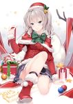  1girl aran_sweater blue_eyes blush breasts capelet ello gloves hat highres kantai_collection kashima_(kantai_collection) looking_at_viewer santa_costume silver_hair skirt smile solo sweater tsurime twintails 