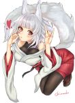  1girl \n/ albino animal_ears bangs bare_shoulders black_legwear blunt_bangs breasts eyebrows eyebrows_visible_through_hair fox_ears fox_shadow_puppet fox_tail full_body heart japanese_clothes large_breasts long_sleeves looking_at_viewer original pantyhose red_eyes ribbon shimako_(mehr) signature simple_background solo tail white_background white_hair wide_sleeves 