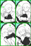  1boy 1girl aura bald carrying flipped_hair hug hug_from_behind monochrome onepunch_man piggyback princess_carry saitama_(onepunch_man) tatsumaki 