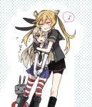  2girls abukuma_(kantai_collection) annin_musou bike_shorts blonde_hair closed_eyes elbow_gloves gloves hug hug_from_behind kantai_collection leg_hug long_hair multiple_girls musical_note one_eye_closed pleated_skirt polka_dot polka_dot_background remodel_(kantai_collection) rensouhou-chan shimakaze_(kantai_collection) skirt spoken_musical_note thigh-highs twintails 