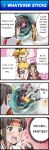  4koma ankle_boots bangs blush boots brown_eyes brown_gloves brown_hair character_request clenched_hand comic cross-laced_clothes dagger earrings english final_fantasy final_fantasy_xi fingerless_gloves gloves glowing hand_on_own_chin headband highres iroha_(ff11) jewelry lion_(ff11) nose_blush orb standing sweatdrop thinking tomokichi warped weapon 