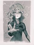  1girl 2015 artist_name bangs black_dress closed_mouth dated dress eyelashes flipped_hair frown looking_at_viewer monochrome nax onepunch_man outstretched_hand reaching short_hair signature sketch solo tatsumaki upper_body 