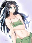  1girl aqua_eyes armor bare_shoulders black_hair breast_hold breasts collarbone hair_ribbon highres kantai_collection katsuragi_(kantai_collection) kksukeke long_hair looking_at_viewer messy_hair midriff naked_armor navel ponytail ribbon sideboob solo 