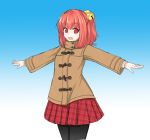  1girl :d bell blush coat commentary_request contemporary ganmaganmo hair_bell hair_ornament highres jingle_bell looking_at_viewer motoori_kosuzu open_mouth outstretched_arms pantyhose plaid plaid_skirt red_eyes redhead skirt smile solo touhou two_side_up 