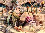  1boy artist_name bandaid bandaid_on_knee boots brick_wall christmas english looking_at_viewer male_focus merry_christmas noeyebrow_(mauve) open_mouth original scarf shorts sitting snowman socks solo squirrel 