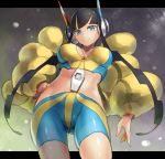  1girl bike_shorts black_hair blue_eyes breasts crop_top from_below headgear kamitsure_(pokemon) kazo large_breasts long_hair looking_at_viewer midriff pokemon puffy_sleeves smile solo twintails very_long_hair 