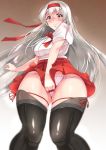  1girl alternate_costume bangs bifidus blush commentary_request flying_sweatdrops from_below fundoshi grey_eyes grey_hair hairband holding_skirt japanese_clothes kantai_collection long_hair looking_at_viewer miniskirt shoukaku_(kantai_collection) skirt solo tasuki thigh-highs 