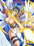  1girl angel_wings angewomon arrow asymmetrical_clothes blonde_hair bow breasts cleavage covered_eyes digimon helmet lowres official_art open_mouth solo wings 