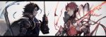  2boys armor black_hair cape fire gauntlets granblue_fantasy hair_slicked_back highres holding_sword holding_weapon lancelot_(granblue_fantasy) letterboxed looking_at_another looking_at_viewer looking_to_the_side male_focus multiple_boys percival_(granblue_fantasy) rean_(r_ean) red_eyes redhead sword upper_body weapon 