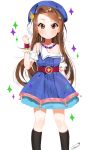  1girl absurdres black_legwear blue_dress blue_hat brown_eyes brown_hair collarbone dr_poapo dress hat highres idolmaster jewelry long_hair minase_iori necklace palace_of_dragon_(idolmaster) signature simple_background smile socks solo white_background 