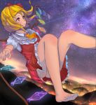  1girl ascot barefoot blonde_hair bow city_lights feet flandre_scarlet flying frilled_skirt frills hill kuuran_(mmeno) looking_away midair night night_sky outstretched_arm red_eyes ribbon shooting_star short_hair short_sleeves side_ponytail skirt sky solo star_(sky) starry_sky touhou triangle_mouth upskirt wings 