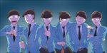  6+boys adjusting_clothes arm_around_shoulder blue_background brothers brown_hair clenched_hand clenched_teeth crossed_arms evil_grin evil_smile formal glowing glowing_eyes gradient gradient_background grin hands_in_pockets looking_at_viewer male_focus matsuno_choromatsu matsuno_ichimatsu matsuno_juushimatsu matsuno_karamatsu matsuno_osomatsu matsuno_todomatsu multiple_boys necktie osomatsu-kun osomatsu-san sextuplets shaded_face short_hair siblings simple_background smile suit veins 