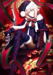  1girl black_gloves blonde_hair box brown_legwear crossed_legs fate/grand_order fate/stay_night fate_(series) gift gift_box gloves hat highres official_art pantyhose pom_pom_(clothes) saber saber_alter santa_costume santa_hat sword takeuchi_takashi thigh-highs throne upscaled waifu2x weapon yellow_eyes 