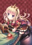 1girl blonde_hair blue_eyes book boots bow cagliostro_(granblue_fantasy) cape capelet checkered checkered_background crown dress floor floral_print frills gem granblue_fantasy headband hood ikegami_akane kneeling long_hair ornament smile solo spikes star table tablecloth tassel thigh-highs wrist_cuffs zettai_ryouiki 