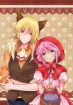  2boys :3 ahoge amami_reiko animal_ears basket big_bad_wolf_(cosplay) big_bad_wolf_(grimm) blonde_hair blue_eyes blue_hair blush cosplay crossdressinging ensemble_stars! green_eyes grimm&#039;s_fairy_tales highres himemiya_touri hood little_red_riding_hood little_red_riding_hood_(cosplay) little_red_riding_hood_(grimm) male_focus multiple_boys otoko_no_ko pink_hair short_hair sidelocks smile tenshouin_eichi wolf_ears 