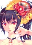  1girl ahoge bangs black_hair bracelet choker close-up commentary_request face fish_hair_ornament flower hair_flower hair_ornament jewelry lips long_hair looking_at_viewer nail_art nail_polish nishimura_eri original parted_lips red_eyes side_ponytail solo upper_body 