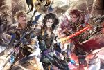  3boys :d armor axe belt black_gloves black_hair blonde_hair blue_eyes brown_hair claw_(weapon) d: detached_sleeves dual_wielding gloves granblue_fantasy holding_sword holding_weapon itefu lancelot_(granblue_fantasy) male_focus multiple_boys open_mouth percival_(granblue_fantasy) red_eyes redhead smile sword teeth torn_clothes vane_(granblue_fantasy) weapon 
