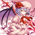  1girl bat bat_wings dress fang hat hat_ribbon lavender_hair looking_at_viewer mob_cap note_(aoiro_clip) pink_dress puffy_short_sleeves puffy_sleeves red_eyes remilia_scarlet ribbon short_sleeves smile solo spear_the_gungnir touhou wings wrist_cuffs 