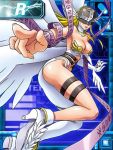  1girl angel_wings angewomon ass asymmetrical_clothes blonde_hair breasts cleavage covered_eyes digimon helmet high_heels lowres mismatched_footwear o-ring official_art open_mouth outstretched_arm pointing solo thigh_strap twisted_torso wings 