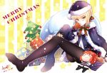  1girl :3 ahoge alternate_costume arm_support ball bangs bauble belt black_legwear blank_eyes blonde_hair blush blush_stickers boots bowtie box braid cape chain character_doll chicken_leg christmas christmas_ornaments christmas_tree cup eating eyebrows eyebrows_visible_through_hair fate/grand_order fate/stay_night fate_(series) feet female_protagonist_(fate/grand_order) food food_in_mouth fur_trim gift gift_box gloves hair_ribbon hat high_heel_boots high_heels hooded_cloak looking_at_viewer male_protagonist_(fate/grand_order) merry_christmas no_shoes orange_hair panties panties_under_pantyhose pantyhose pantyshot pantyshot_(sitting) plaid polka_dot pom_pom_(clothes) puyue ribbon saber saber_alter sack santa_hat signature single_boot single_shoe sitting snowing soles solo star striped striped_background striped_bowtie striped_ribbon thigh-highs thigh_boots toes underwear yellow_background yellow_eyes 