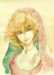  1boy absurdres androgynous anmonaito blonde_hair blue_eyes colored_eyelashes commentary_request curly_hair edgar_portsnell face floral_print graphite_(medium) highres looking_at_viewer poe_no_ichizoku portrait short_hair solo traditional_media veil watercolor_(medium) 