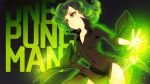  1girl bangs black_background black_dress cheong_ha copyright_name covered_navel dress flipped_hair glowing green_eyes green_hair long_sleeves looking_at_viewer onepunch_man red_lips side_slit solo spread_fingers tatsumaki 