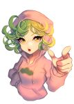  1girl alternate_costume bangs cheong_ha chestnut_mouth flipped_hair green_hair hand_in_pocket hood hoodie looking_at_viewer onepunch_man open_mouth osomatsu-san pointing simple_background solo tatsumaki teeth upper_body white_background yellow_eyes 