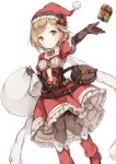  1girl alternate_costume armor bag belt black_legwear boots box breastplate breasts brown_gloves christmas cleavage detached_collar djeeta_(granblue_fantasy) dress frilled_dress frills gift gift_box gloves granblue_fantasy hat navel_cutout pantyhose pouch red_boots ribbon sack santa_costume santa_hat simple_background sketch solo wataame27 white_background 