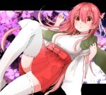  1girl cherry_blossoms colored highres japanese_clothes kai_(hizikata) long_hair miko pink_hair skirt solo thigh-highs white_legwear 