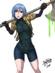  1girl axe bhm bike_shorts blue_hair borrowed_character commentary_request covered_navel eyes_visible_through_hair gloves hair_over_one_eye inaho_kanfarigu looking_at_viewer open_mouth original red_eyes short_hair slime solo weapon 