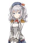  1girl ascot blue_eyes blush double-breasted epaulettes hands_together hat kantai_collection kashima_(kantai_collection) silver_hair simple_background sketch skirt smile solo uniform wataame27 wavy_hair white_background 