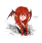  1girl 2015 alternate_hairstyle artist_name bat_wings blush braid character_name commentary demon_girl dripping expressionless face hair_between_eyes head_wings highres koakuma long_hair mad_ryouko pointy_ears red_eyes redhead simple_background sketch slit_pupils solo tears touhou twin_braids upper_body white_background wings 