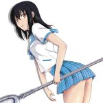  1girl black_hair blue_skirt himeragi_yukina hiruma_koti holding_weapon long_hair orange_eyes pleated_skirt school_uniform simple_background skirt solo strike_the_blood white_background 