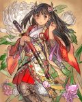  1girl boots brown_eyes brown_hair dark_skin floral_print flower highres japanese_clothes katana long_hair looking_to_the_side original parted_lips sheath sheathed sheathed_sword solo sword toujou_bun weapon 