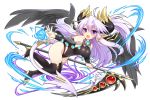  1girl black_wings blush boots breasts demon_horns demon_tail detached_sleeves eteru_(mofuaki) fang feathered_wings high_heel_boots high_heels horns large_breasts long_hair looking_at_viewer mofuaki open_mouth original pointy_ears purple_hair scythe simple_background solo tail thigh-highs thigh_boots violet_eyes white_background wings 