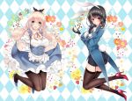  2girls alice_in_wonderland alternate_costume aqua_eyes atago_(kantai_collection) ayase_hazuki beret black_gloves black_hair black_legwear blonde_hair blue_shoes blush breasts checkered checkered_background cleavage commentary_request cup detached_collar enmaided flower full_body garter_straps gloves hat high_heels kantai_collection key knees_together_feet_apart large_breasts long_hair long_sleeves looking_at_viewer maid military military_uniform multiple_girls open_mouth pantyhose pocket_watch red_eyes red_shoes saucer shoes short_hair short_sleeves skirt_hold smile stiletto_heels takao_(kantai_collection) teacup thigh-highs uniform watch 