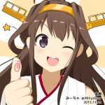  1girl ;d artist_name bare_shoulders blush brown_hair collarbone dated headgear kantai_collection kongou_(kantai_collection) long_hair looking_at_viewer miicha nontraditional_miko one_eye_closed open_mouth simple_background smile solo star thumbs_up violet_eyes 