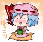 1girl :3 bat_wings blue_hair blush bow chibi closed_eyes commentary detached_wings dress hat hat_bow mob_cap noai_nioshi patch pillow pink_dress puffy_short_sleeves puffy_sleeves red_bow remilia_scarlet short_hair short_sleeves sitting solo touhou translated wings 